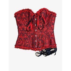 Red Brocade Strapless Corset Top with Ribbon Detail